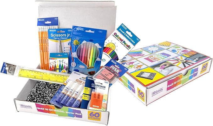 BAZIC Products School Kit Pack 60 Count, School Supply Box for Elementary Student K-6, Ruler Composition Book Pencil Eraser Crayon, 1-Pack