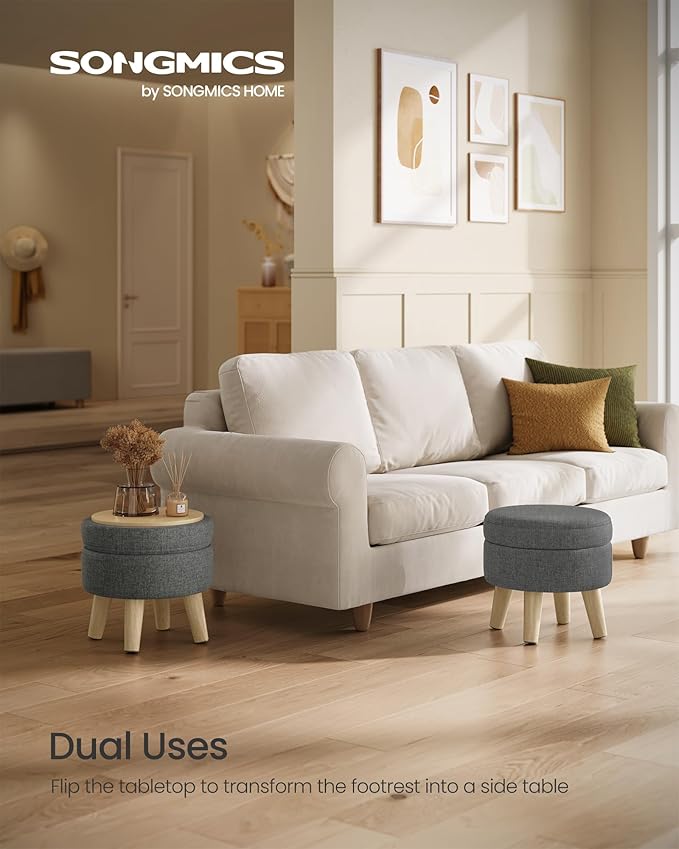 SONGMICS Storage Ottoman, Foot Stool, Round Ottoman with Padded Seat, Foot Rest with Wood Legs, Small Table, for Hallway, Living Room, 12.2 Inches, Linen-Look Fabric, Slate Gray ULOM514GN01