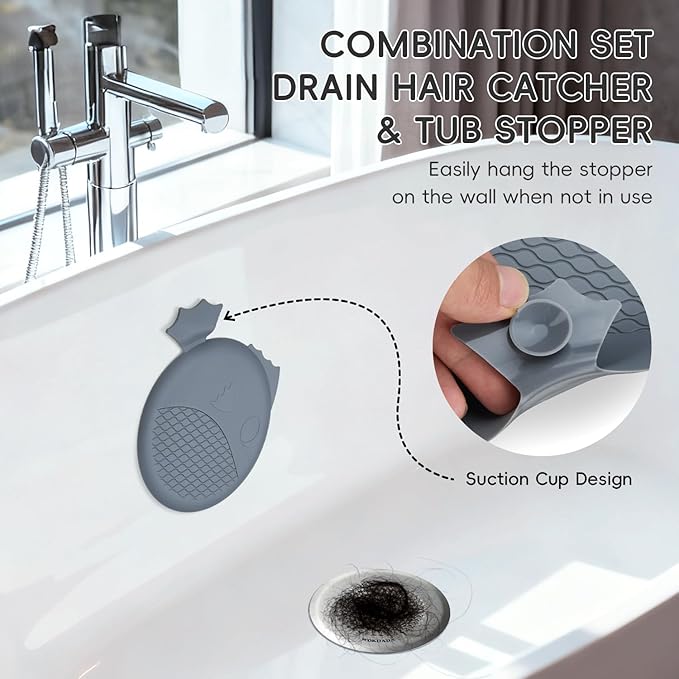 Bathtub Drain Hair Catcher, Wokdada Fast Drainage Shower Drain Hair Catcher, Reversible 304 Stainless Steel Drain Protector with Silicone Stopper for Bathroom