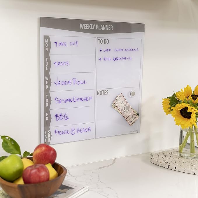 ECR4Kids MessageStor Magnetic Dry-Erase Glass Board with Magnets, 17.5in x 17.5in, Wall-Mounted Whiteboard, Grey, 2-Pack