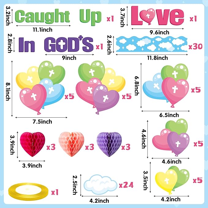 BeYumi 84Pcs Valentine's day Caught Up In God’s Love Christian Bulletin Board Set Heart Balloon Cross Honeycomb Name Tag Trim Border February Faith Religious Sunday School Chalkboard Church Decoration