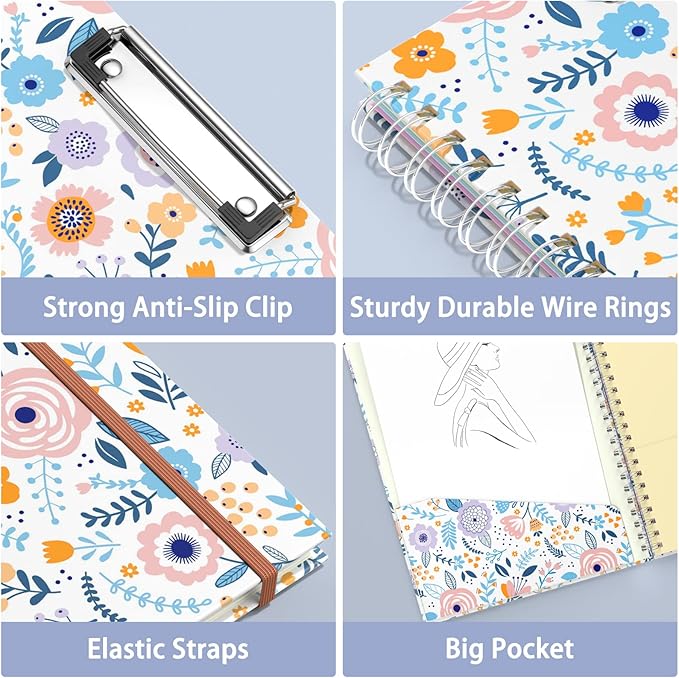 Rimilak Spiral Clipboard Folio with Refillable Lined Notepad, 14.5 x 9.8 in, Hardcover Cover with 5 Interior Pockets, Elastic Band and Pen Loop Series. Cute Stylish Clipfolio, Purple Flower