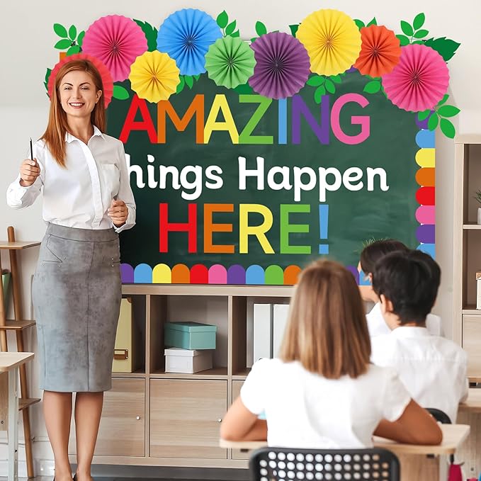 Classroom Bulletin Board Decorations with 3D Paper Fans Inspirational Amazing Things Happen Here Bulletin Board Set for Back to School Motivational Office Home Wall Door Chalkboard Decor