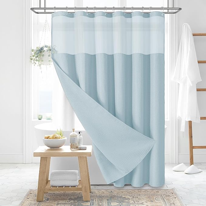 Dynamene 78 Inch Long Shower Curtain, Tall Waffle Fabric Shower Curtains for Bathroom, Hotel Waterproof Cloth Shower Curtain Liner Set with Hooks, Snap in Liner, Mesh Top Window, Fog Blue, 72x78