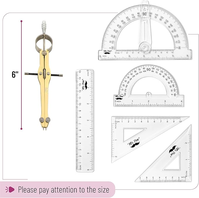 Mr. Pen- Geometry Set, 15 pcs, Gold, 6 Inch Swing Arm Protractor, Divider, Set Squares, Ruler, Compasses and Protractor
