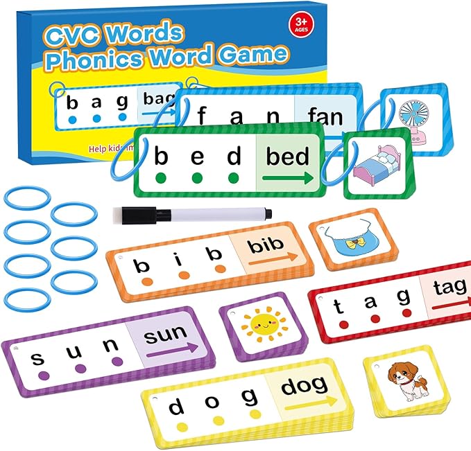 Phonics Games Flash Cards for Kids, CVC Word Games, Educational Speech Therapy Toys for Toddlers, Learn to Read & Spell, Preschool Kindergarten Learning Activities, Homeschool Essentials