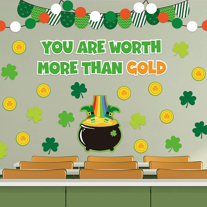 JarThenaAMCS 72Pcs St. Patrick's Day Bulletin Board Decor Set Shamrock Clover Gold Coin Cut-Outs with Glue Points Bulletin Board Stickers for Irish Holiday School Classroom Wall Decor