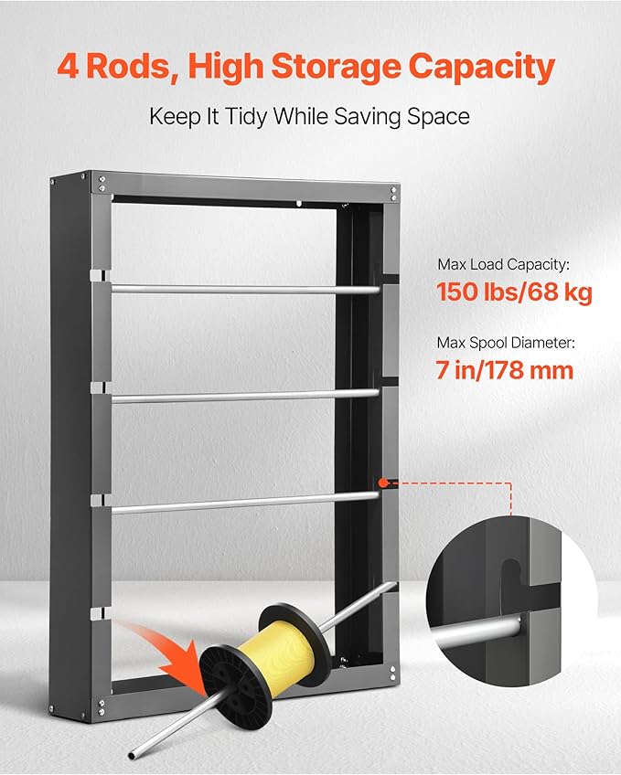 VEVOR Wire Spool Rack, 4 Adjustable Rods, Cold-Rolled Steel Wire Spool Holder Wall Mounted for Multi-Spools, Wiring Storage, 150 lbs Capacity Cable Dispenser, for Electrical Industrial Retail Use