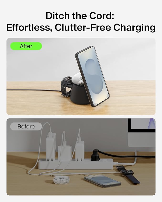 Belkin 3-in-1 Wireless Charging Station for Samsung Galaxy S26, Android - Qi2.2 25W Magnetic Charger for Pixel 10, iPhone 17, USB C Port for Galaxy, Pixel, & Apple Watch (Watch Charger Not Included)
