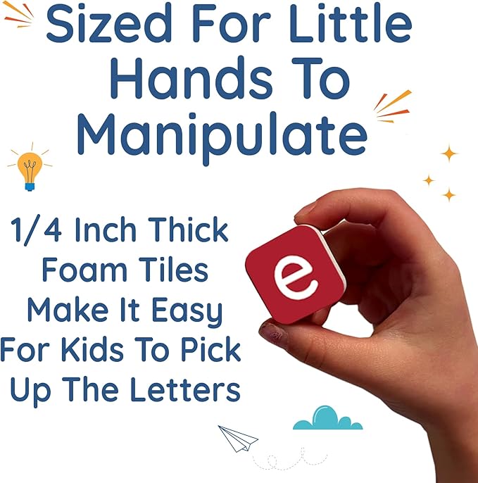 Learning Letters by Four Dublee - 109 Phonics Letter Tiles with Magnetic Spelling Board and Sound Boxes. Includes Letter Tiles Organizer Bags and Storage Box