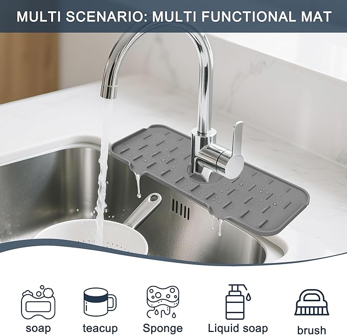 Kitchen Faucet Sink Splash Guard, Silicone Water Catcher Mat – Sink Draining Pad Behind Faucet, Grey Rubber Drying Mat for Kitchen & Bathroom Countertop Protect