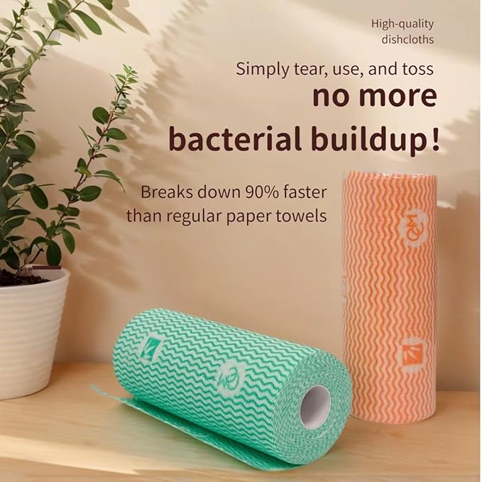 Lazy Cleaning Cloths, Disposable Microfiber Cloths, Reusable Dish Rags, Dry/Wet Use for Dishware, Countertops, Stove, Camping, RVs, Tearable Roll Design (55 Sheets, 9.45"x11.81",Orange)