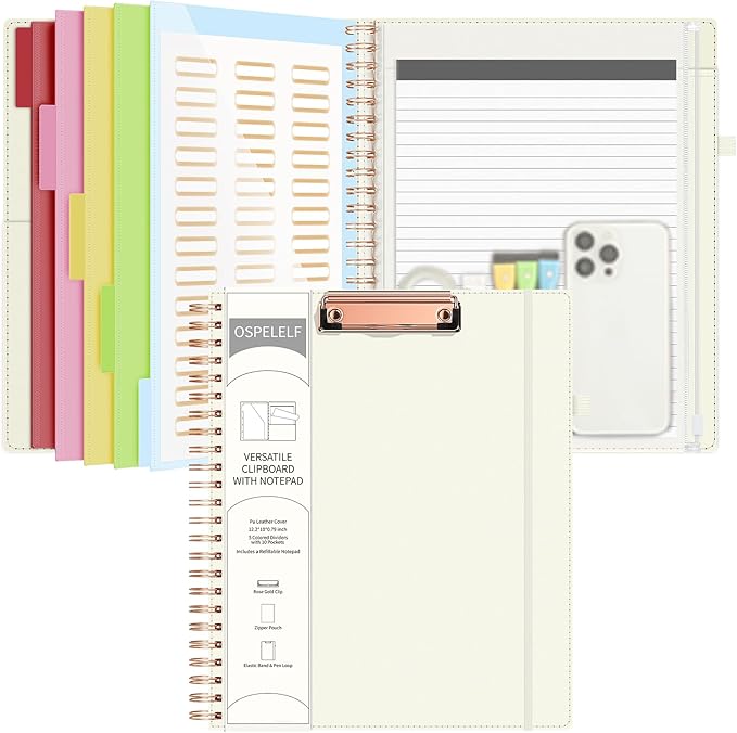 Ospelelf Leather Clipboard Folio with with Storage Zipper Pouch, Spiral Clipboard Folder with Notepad for Letter Size, 5 Folders with 10 Pockets, 39 Divider Label Stickers (Beige)