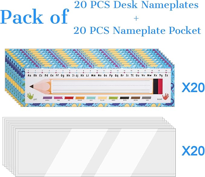 20 Colorful Students Name Plates and and Nameplates Pocket for Desks - Self-Adhesive Desk Name Tags for Classroom, Student Name Plates for Kids, Teacher Supplies, School Labels, Locker & Desk