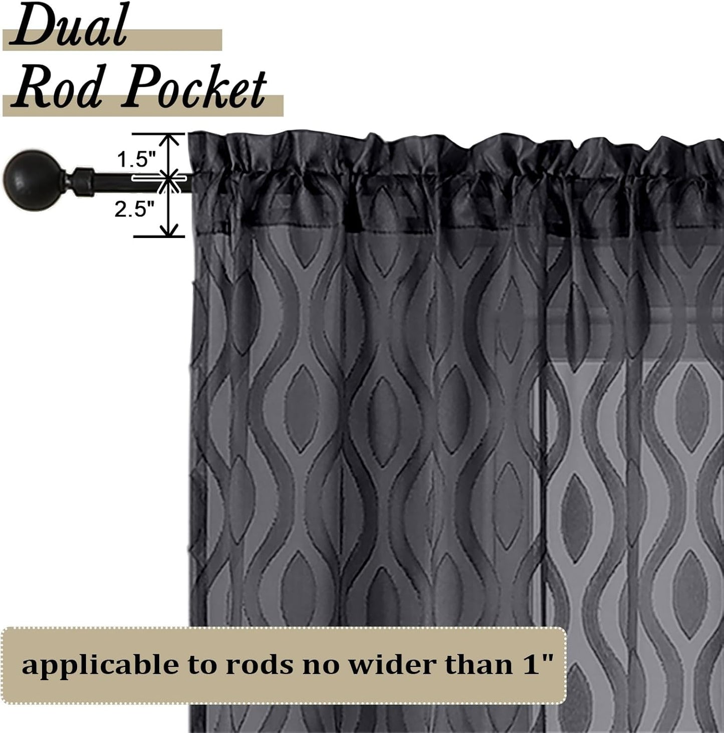 Aiyufeng Black Sheer Curtains 63 Inch Length 2 Panels Set, Solid Airy Light Filtering Voile for Bedroom Living Room, Modern Wavy Line Privacy Farmhouse Curtains, 40" W X 63" L