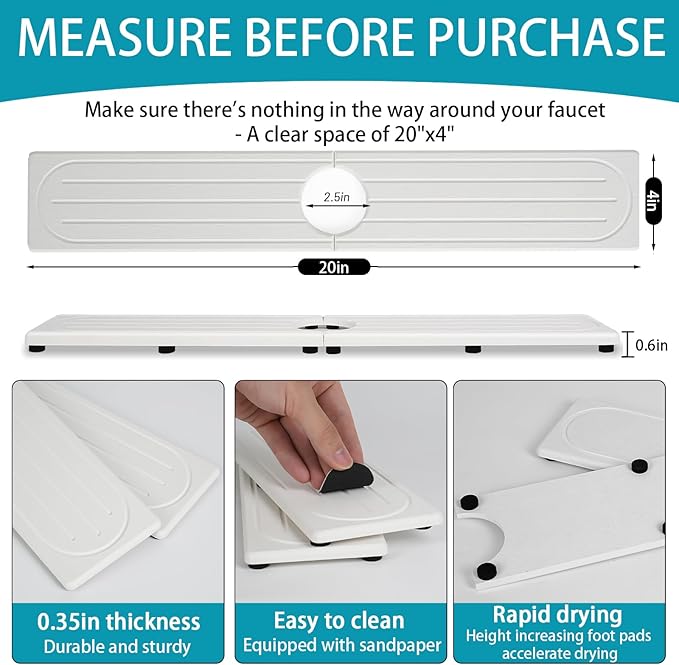 Fast Drying Stone Faucet Mat for Kitchen Sink with Raised Feet, Water Absorbent Diatomite Stone Sink Tray, Faucet Sink Splash Guard, Prevents Moisture Buildup, Durable Protector for Bathroom Counter
