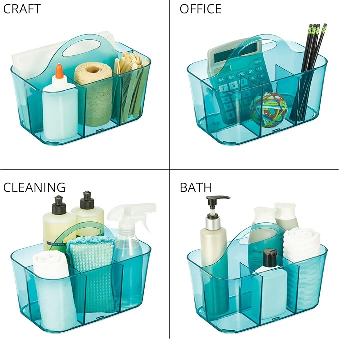 mDesign Plastic Portable Craft Storage Organizer Caddy Tote, Divided Basket Bin w/Handle - Craft, Sewing, Art Supplies - Holds Brushes, Colored Pencils - Lumiere Collection - Dark Aqua Blue Tint