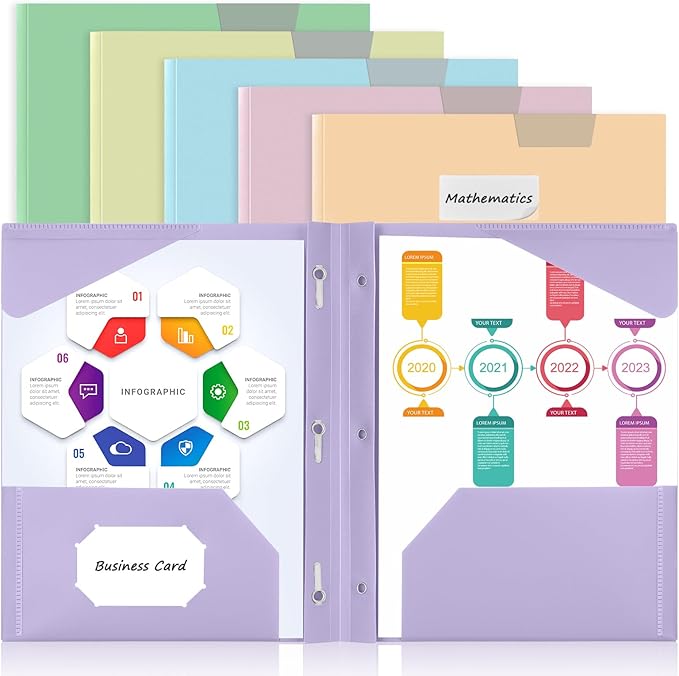 Sooez 6 Pack Plastic Folders with Pockets and Prongs, 3 Prong Folders with Pockets and Writable Label, Heavy Duty 2 Pocket Folder with Brads, Letter Size Prong Folder for School Office, Pastels Color