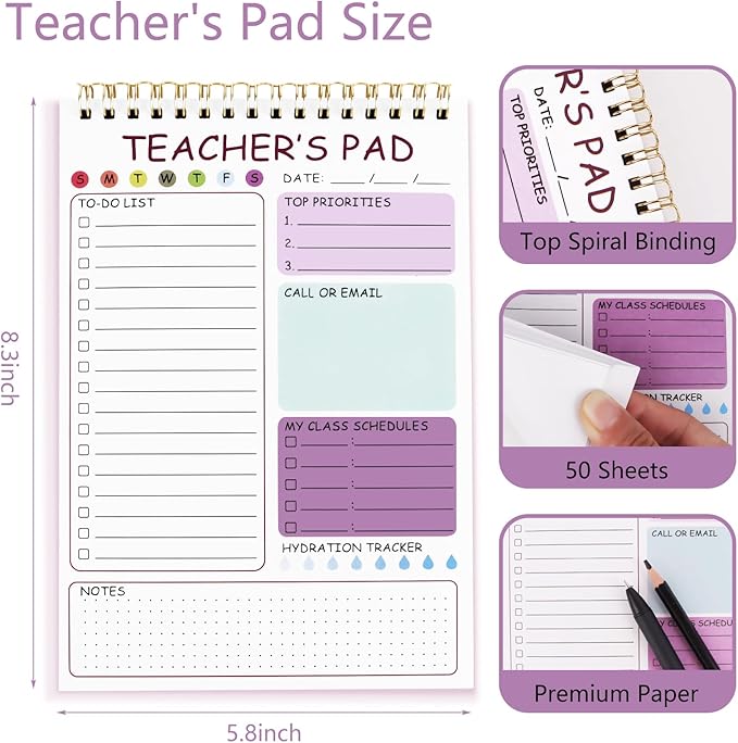 Teacher To Do List Notepad, 8.3x5.8 Inch Teacher Notepad, Spiral Checklist Notebook for Class Schedules, Daily Planner, School Tasks and Goal Setting (Purple)