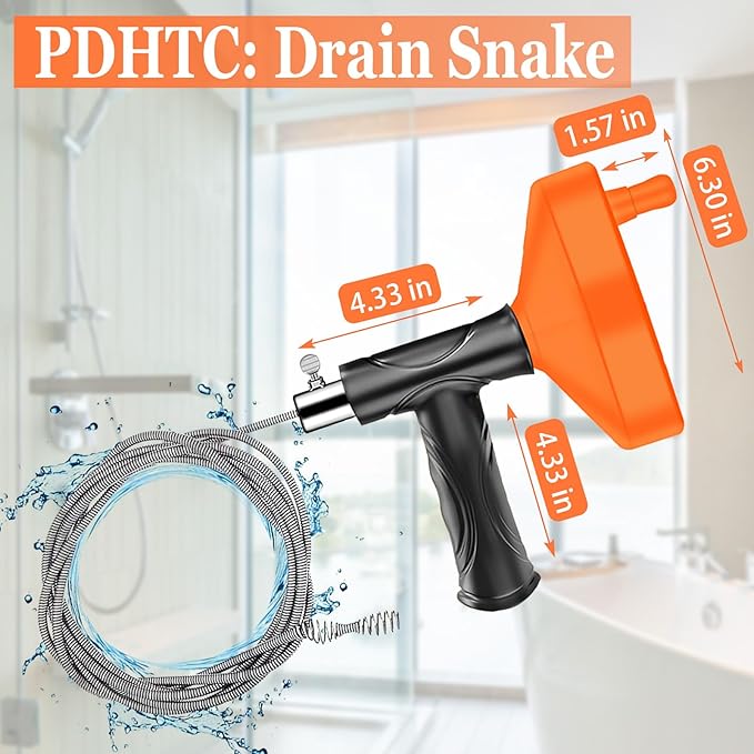 33 Feet Drain Snake Auger, Plumbing Snake Drain Hair Clog Removal Tool, Heavy Duty Toilet Snake Auger, Sink Unclogger Drain Cleaner Tool for Bathroom Kitchen Tub Shower Drain Clog Remover with Gloves