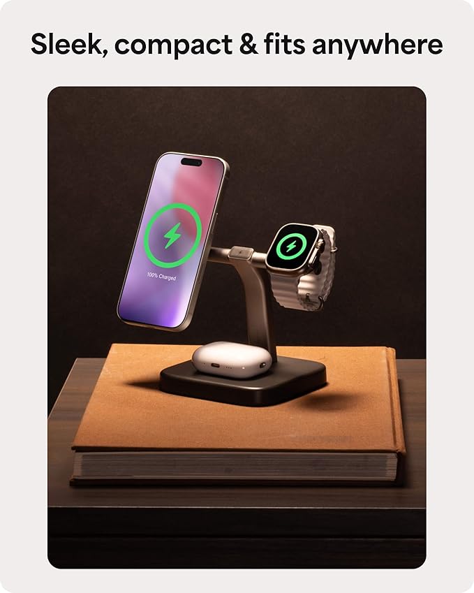 Mophie 3-in-1 Wireless Charging Stand - Qi2-Certified, MagSafe Charger for iPhone, Apple Watch & AirPods – Fast Charging Station with Adjustable Phone Stand & Cable Management – Up to 15W Power, Black