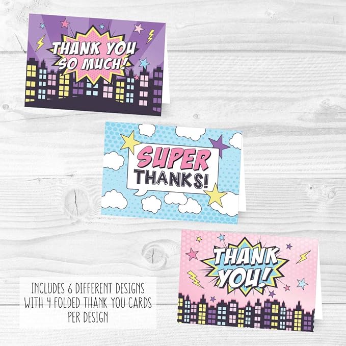 Hadley Designs 24 Superhero Thank You Cards With Envelopes - 4x6 Kids Thank You Cards Girls Birthday Bulk, Blank Baby Girl Super Hero Teacher Appreciation Notes, Superhero Party Supplies, Made In USA