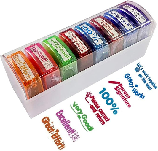 Teacher Stamps for Grading Classroom,Parent Signature Teacher Self-Inking Stamp Set for Homework Teacher Supplies with 8 pcs