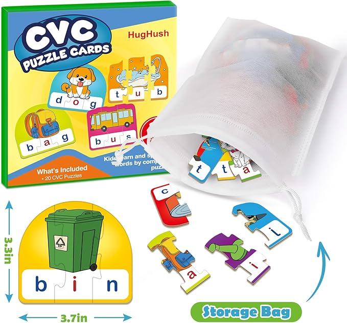 CVC Puzzle Cards for Kids, Toddler Speech Therapy Toys, 3 Letter Word Puzzle, Reading Spelling Game, Preschool Classroom Must Have