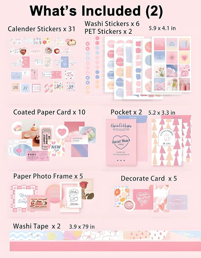 JOYCHOIC 348 Pcs Pink Scrapbook Supplies Kit, Dessert Junk Journal, Scrapbooking and Journaling Materials, Large Aesthetic Collection for Women, Stationery Arts Craft, Adults Daily