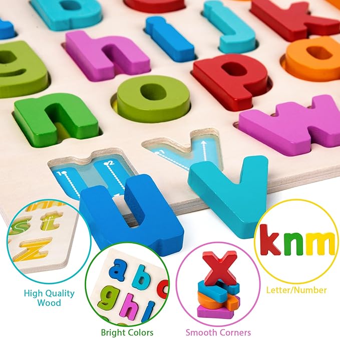 Alphabet Puzzle Wooden Puzzles for Toddlers, ABC Puzzle Shape Alphabet Learning Puzzles Toys with Puzzle Board & Letter Blocks for Preschool Girls Boys Lowercase Letter Puzzle