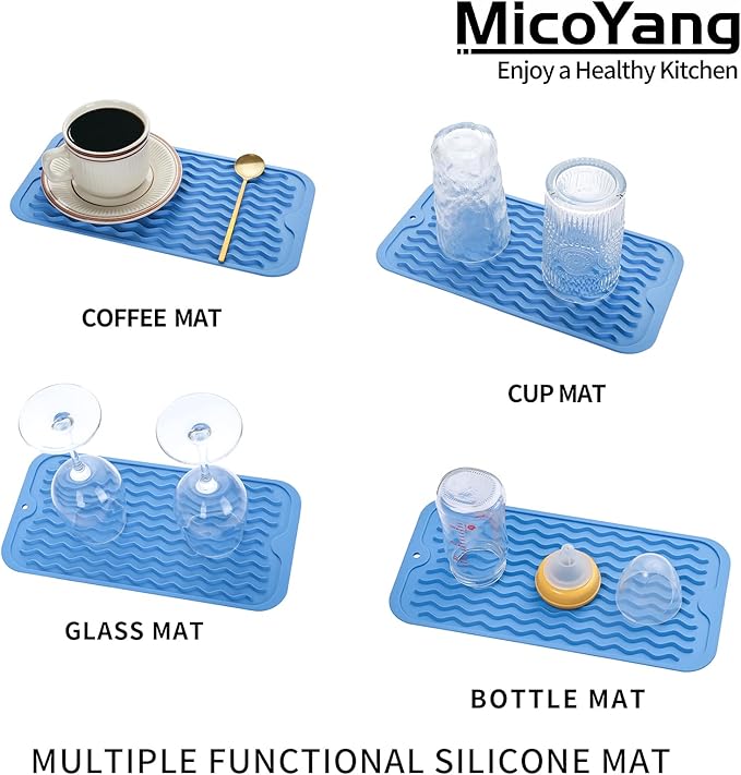 Silicone Dish Drying Mat for Multiple Usage,Easy clean,Eco-friendly,Heat-resistant Silicone Mat for Kitchen Counter or Sink,Refrigerator or Drawer Liner Lichen BlueL S 12 inches x 6 inches