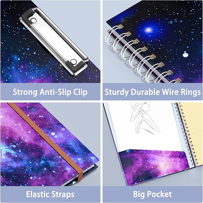 Rimilak Spiral Clipboard Folio with Refillable Lined Notepad, 14.5 x 9.8 In, Hardcover Cover with 5 Interior Pockets, Elastic Band and Pen Loop Series. Cute Stylish Clipfolio, Galaxy