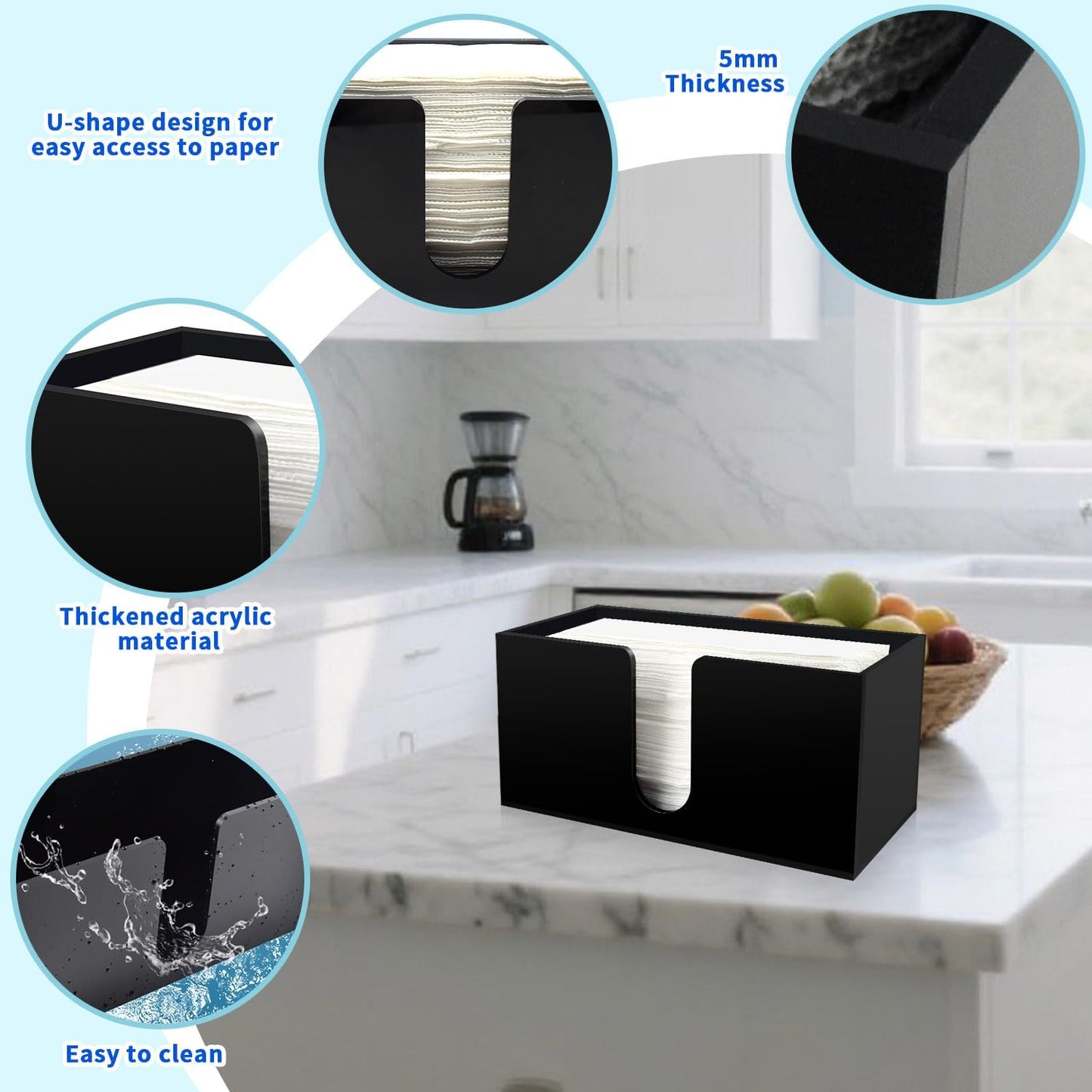 Paper Towel Holder for Countertop,Black Acrylic Napkin Dispenser-Multifold/C-Fold/Z-Fold Trifold Paper Towel Dispenser for Bathroom Kitchen Restaurant Toilet - Durable 5mm Thick(4)