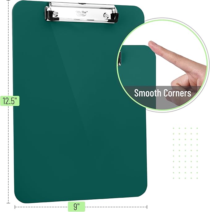 Mr. Pen- Plastic Clipboard, 12.5” x 9”, Dark Green, Clipboard Plastic, Low-Profile Metal Clip with Retractable Hanging Hole