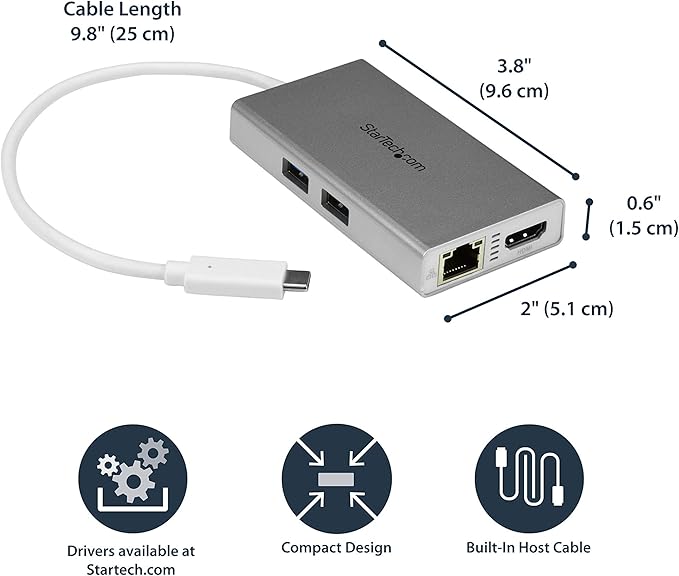 StarTech.com USB-C Multiport Adapter - USB-C Travel Docking Station w/ 4K HDMI - 60W Power Delivery Pass-Through, GbE, 2pt USB-A 3.0 Hub - Portable Mini USB Type-C Dock for Laptop - White, TAA