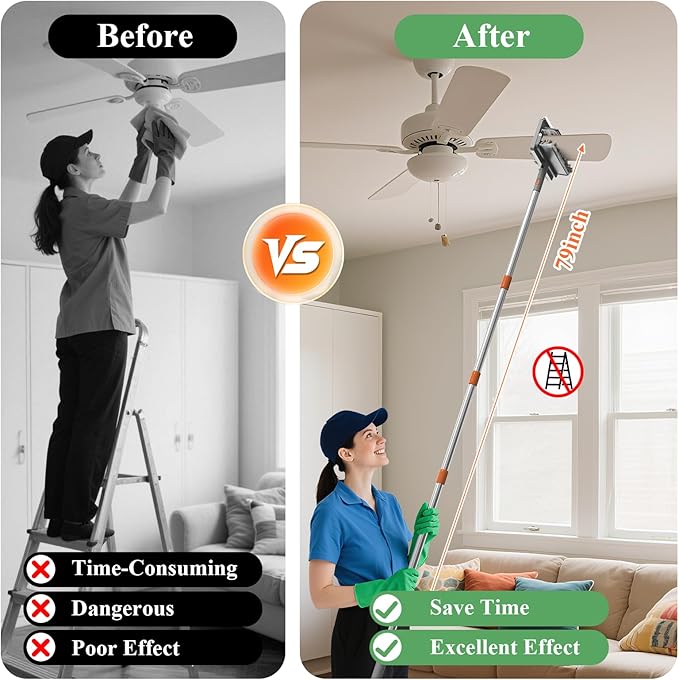 Ceiling Fan Cleaner Duster - 79" Extension Pole & Dual Brush Heads Baseboard Cleaner Tool with Handle, 4-in-1 Reusable Fan Blade Cleaner Ceiling Fan Duster for Fan Blades Baseboards Corners
