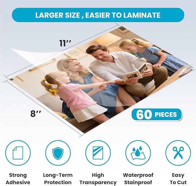 T&W SAME FILM 60 Pack Self Adhesive Laminating Sheets, 4mil, 8 x 11 Inch Laminator Sheets, Self Sealing Laminating Sheets for Laminator, Round Corner, No Heat, No Machine Needed