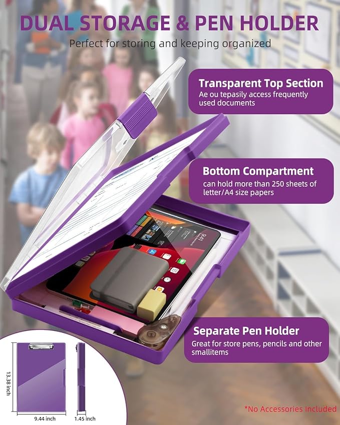 Clearview Clipboard with 2 Storage, Dry Erase 8.5x11 Heavy Duty ClipBoards - High Capacity Coaches Clip Board with Pen Holder - Side Opening Plastic Nursing Clip Case (Dark Purple)