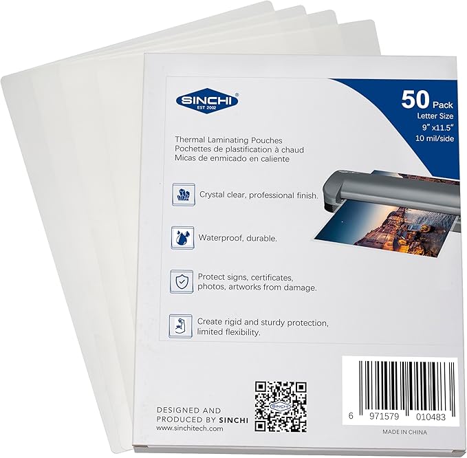 SINCHI Thermal Laminating Pouch, 10 mil per Side, 9x11.5-Inches Letter Size, 50pcs Pack, Ultra Clear & Sturdy Laminating Sheets