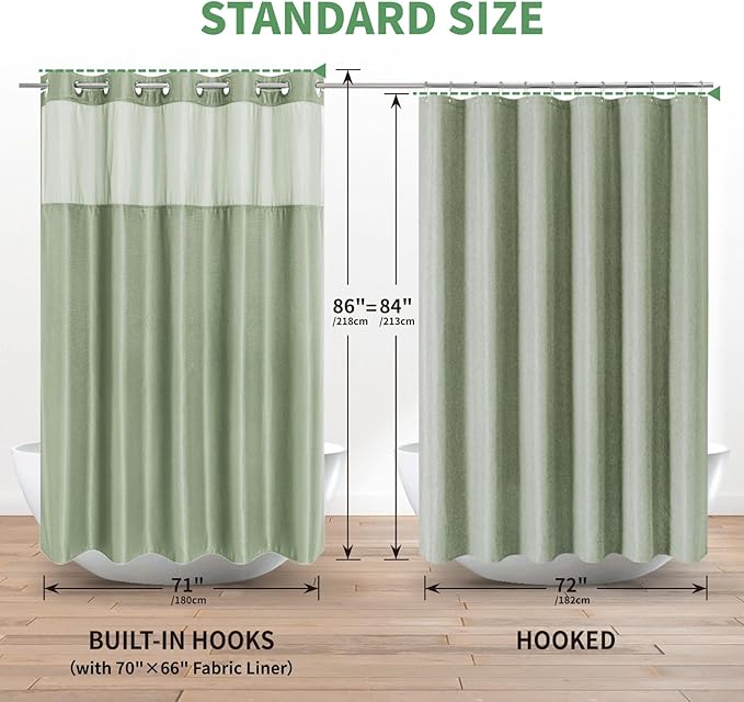 Extra Long No Hook Shower Curtain with Snap-in Fabric Liner Set,Sage Green Waffle Weave Shower Curtains for Bathroom,Hotel Luxury Decor Bathroom Curtain Set,Waterproof & Washable,71Wx86H