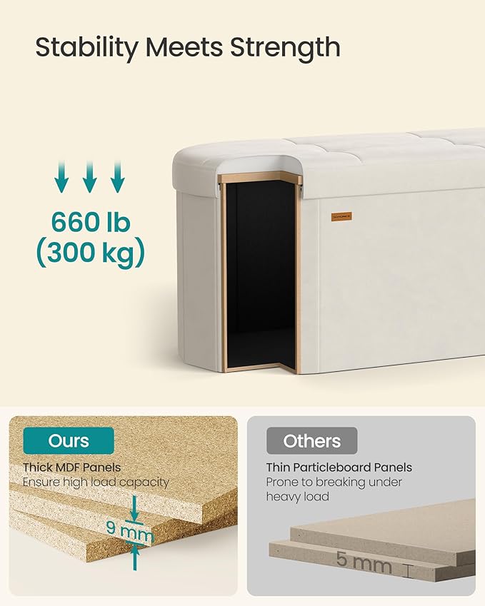 SONGMICS Mazie Collection - Folding Ottoman with Storage, Oval Storage Ottoman Bench, for Living Room, Bedroom, Velvet Fabric, 15 x 43 x 15 Inches, Cream White ULSF297LH01
