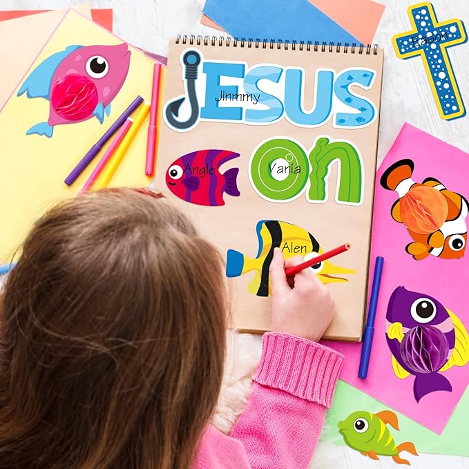 BeYumi 81Pcs Get Hooked on Jesus Christian Bulletin Board Set Under The Sea Tropical Fish Honeycomb Cutouts Name Tags Trim Borders Summer Back to School Faith Religious Classroom Sunday School Decor