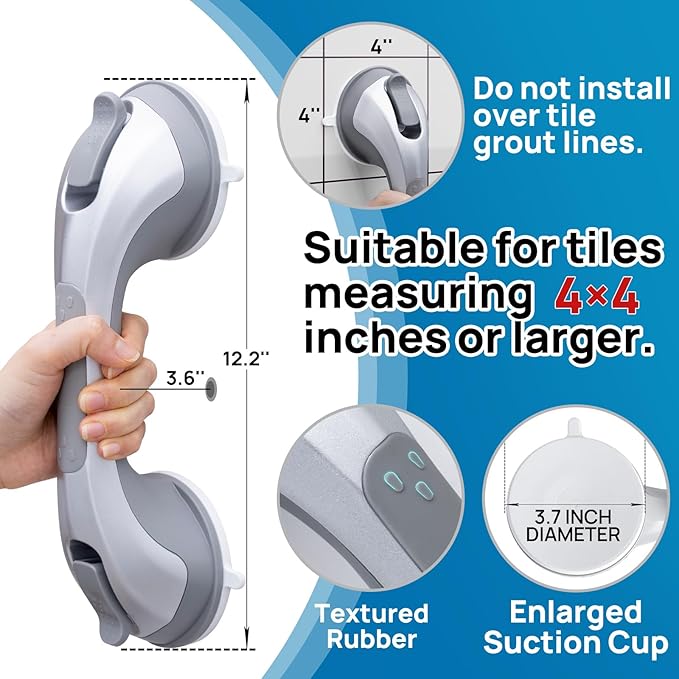 LEVERLOC Grab Bars for Bathtubs and Showers 2 Pack Suction Grab Bar, Heavy Duty 12 Inch Shower Handle Removable Handrails for Seniors and Elderly, Bathroom Safety Grip No Drilling Waterproof Silver