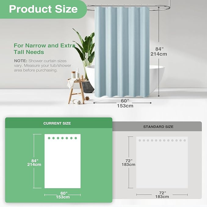 Dynamene Stall Fabric Shower Curtain - 60 x 84 inch Long Waffle Weave Weighted Thick Cloth Shower Curtains for Bathroom, Neutral Heavy Duty Hotel Spa Luxury Bath Curtain Set with 10 Hook, Fog Blue