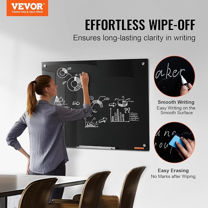 VEVOR Magnetic Glass Whiteboard, Dry Erase Board 36"x24", Wall-Mounted Large White Glassboard Frameless, with Marker Tray, an Eraser and 2 Markers, Black