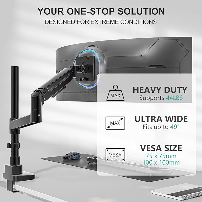 WALI Heavy Duty Monitor Arm Desk Mount for 13-49 Inch Ultrawide Screens, Single Monitor Arm with Full Motion Tilt, Swivel, Rotation, Holds up to 44 lbs, C-Clamp Mount for VESA 75/100mm (GSDM001-P)