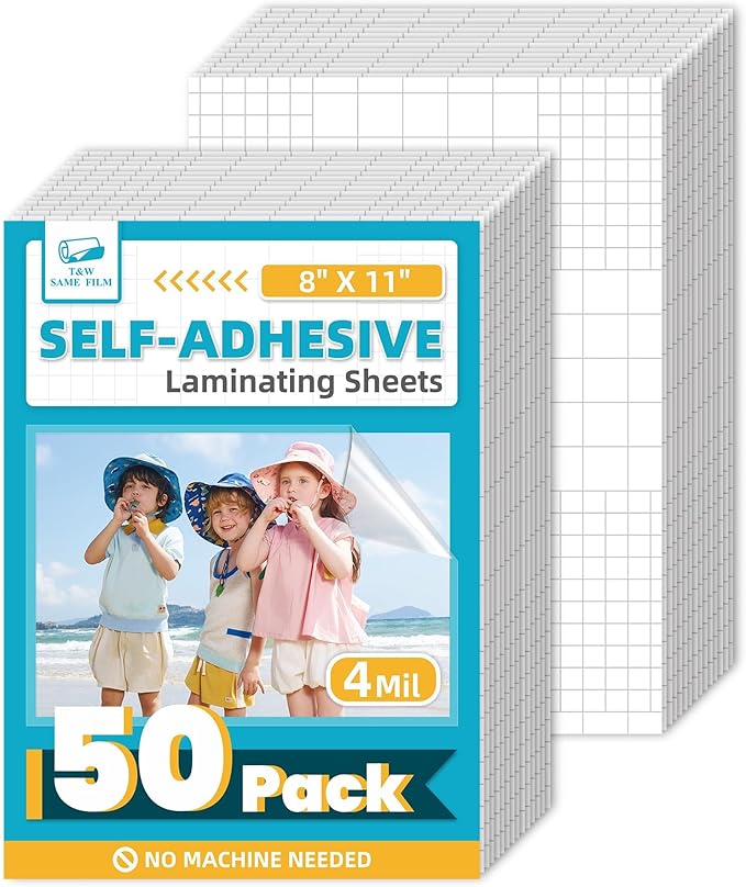 T&W SAME FILM 50 Pack Self Adhesive Laminating Sheets, 4mil, 8 x 11 Inch Laminator Sheets, Self Sealing Laminating Sheets for Laminator, Round Corner, No Heat, No Machine Needed