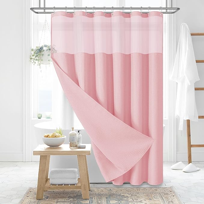 Dynamene Extra Long Shower Curtain, 84 Inch Long Waffle Fabric Shower Curtain for Bathroom, Tall Waterproof Cloth Shower Curtain Liner Set with Hook, Snap in Liner, Mesh Top Window, Pink, 72x84
