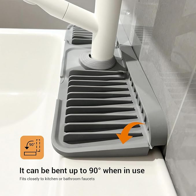 Faucet Mat for Kitchen Sink, 17.7"X5.5" Silicone Sink Splash Guard with Soap Holder, Snap-On Design & 7°slope Fast Drain, Folding Sink Faucet Mat for Universal Kitchen Bathroom Sink（Grey）