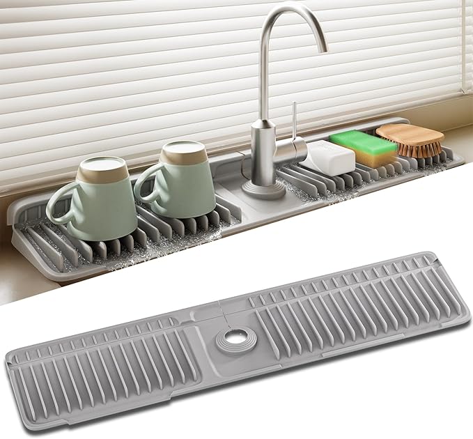 Faucet Mat for Kitchen Sink, 24 Inch Longer Silicone Sink Splash Guard, 7°Slope Fast Self-draining, Fast Drying Tidy Faucet Mat Splash Guard